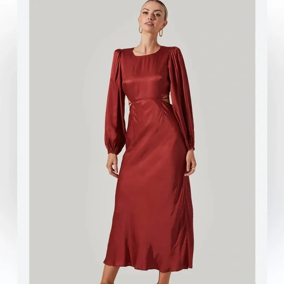 astr burgundy dress ASTR the Label | Ciela Bow Puff Sleeve Midi Dress in Burgundy main image 0